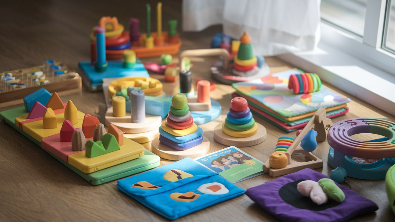 Create a realistic image of a diverse group of colorful educational toys suitable for toddlers, arranged on a wooden floor with natural light streaming through a nearby window, featuring age-appropriate items such as shape sorters, stacking blocks, simple puzzles, and soft books, with a parental guide booklet visible among the toys, highlighting the importance of choosing age-appropriate educational toys.