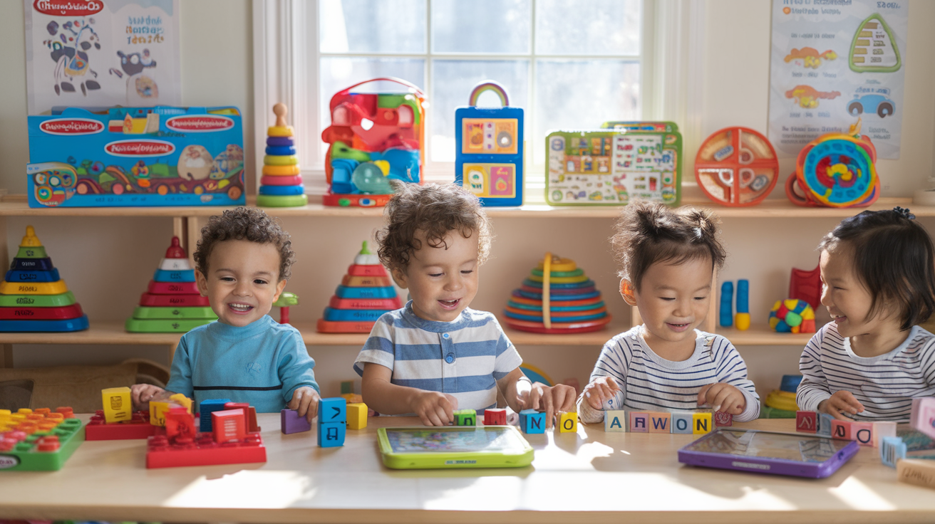 Create a realistic image of a vibrant playroom with colorful educational toys for toddlers displayed on low shelves, featuring prominent logos of top toy brands like Melissa & Doug, LeapFrog, and Fisher-Price, with a diverse group of smiling toddlers (one white male, one black female, and one Asian female) playing with shape sorters, alphabet blocks, and interactive learning tablets in the foreground, soft natural light streaming through a window, and educational posters on the walls.
