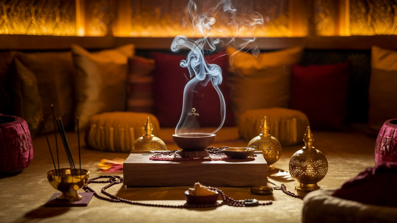 Create a realistic image of a dimly lit meditation room with warm, golden lighting, featuring a wooden altar adorned with a sandalwood Havan cup emitting wisps of fragrant smoke, surrounded by ornate brass incense holders, prayer beads, and a small statue of Buddha, creating an atmosphere of spiritual tranquility and luxury.