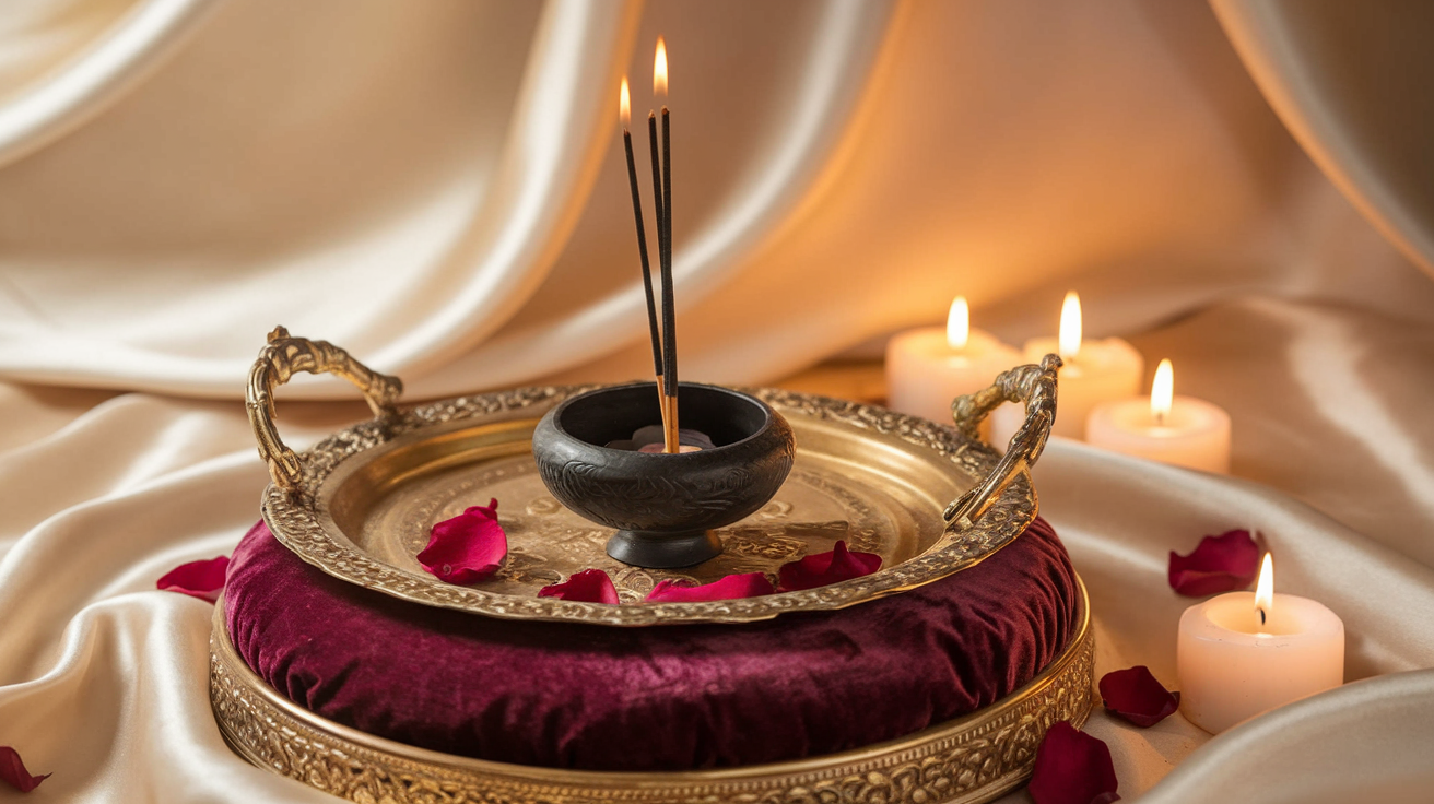 Create a realistic image of a luxurious sandalwood incense cup on an ornate gold tray, surrounded by burning incense sticks, rose petals, and flickering candles, set against a soft-focus background of plush velvet cushions and silk drapery, with warm, ambient lighting creating a serene and opulent atmosphere.