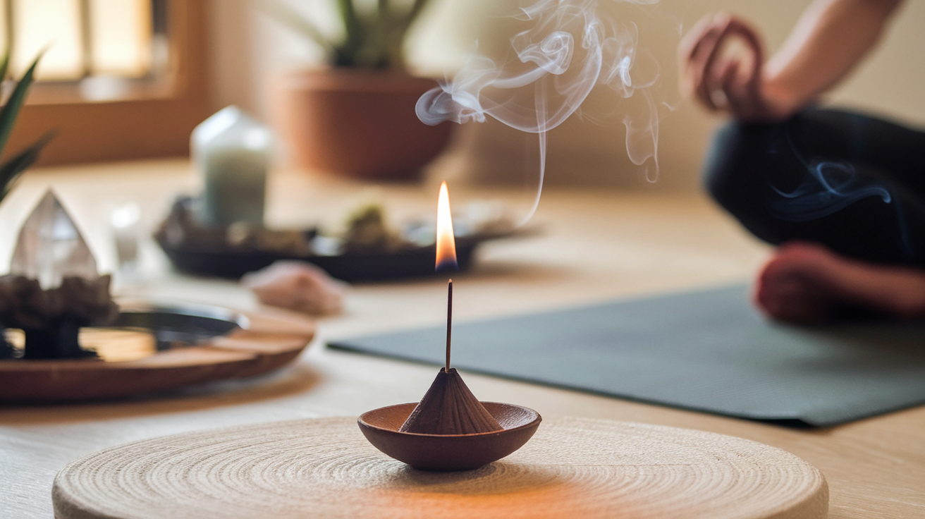 Create a realistic image of a tranquil meditation space with a lit sandalwood incense cup in the foreground, emitting gentle wisps of smoke. The background shows a person in a relaxed yoga pose on a mat, surrounded by calming elements like plants, crystals, and a small water feature. Soft, warm lighting enhances the serene atmosphere, emphasizing the connection between incense and wellness practices.