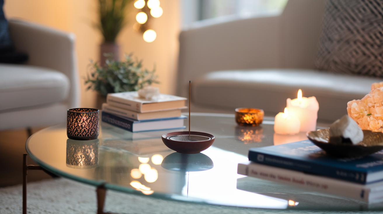 Create a realistic image of a modern living room with a Sandalwood Havan Cup on a coffee table, surrounded by decorative elements like books, candles, and a small plant, with soft warm lighting creating a cozy atmosphere, showcasing the versatile use of incense cups in home decor.