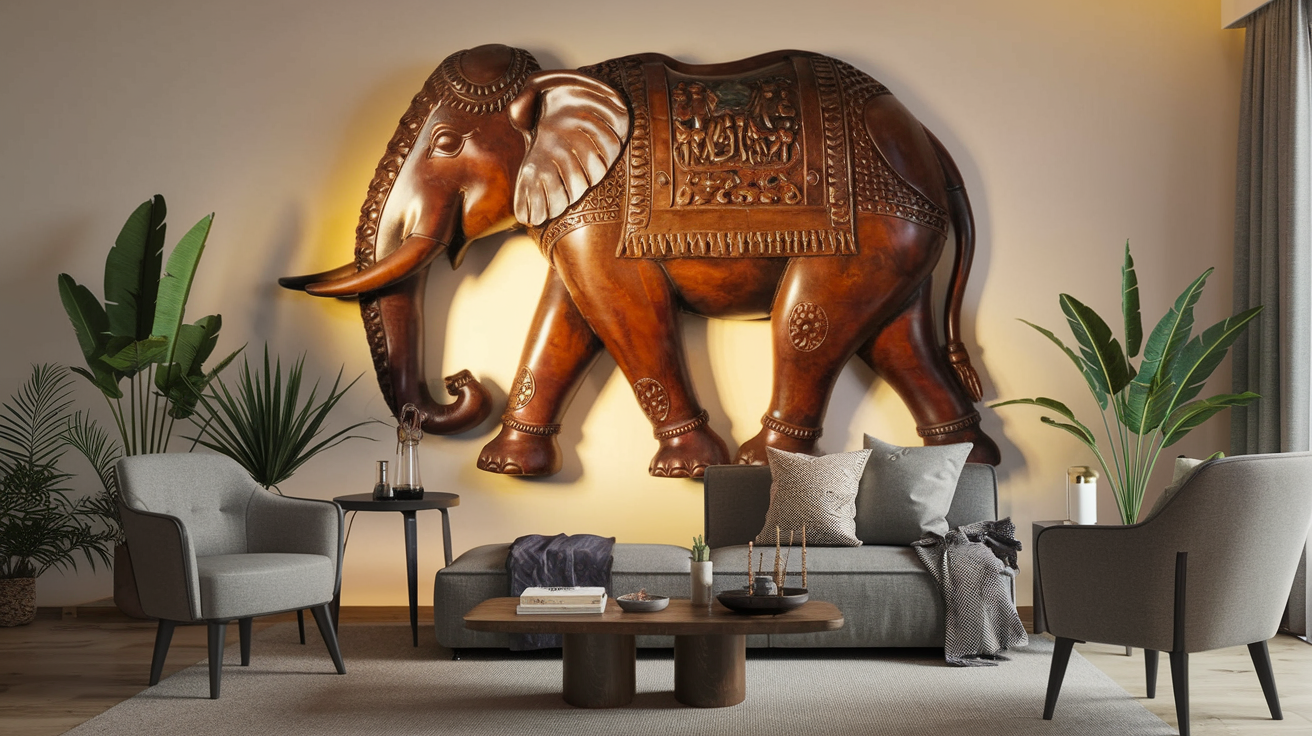 Create a realistic image of a stylish living room interior with a large, intricately carved wooden elephant wall hanging as the focal point, surrounded by modern furniture, warm lighting, and complementary decor items like potted plants and throw pillows, showcasing how the elephant piece enhances the overall aesthetic of the space.