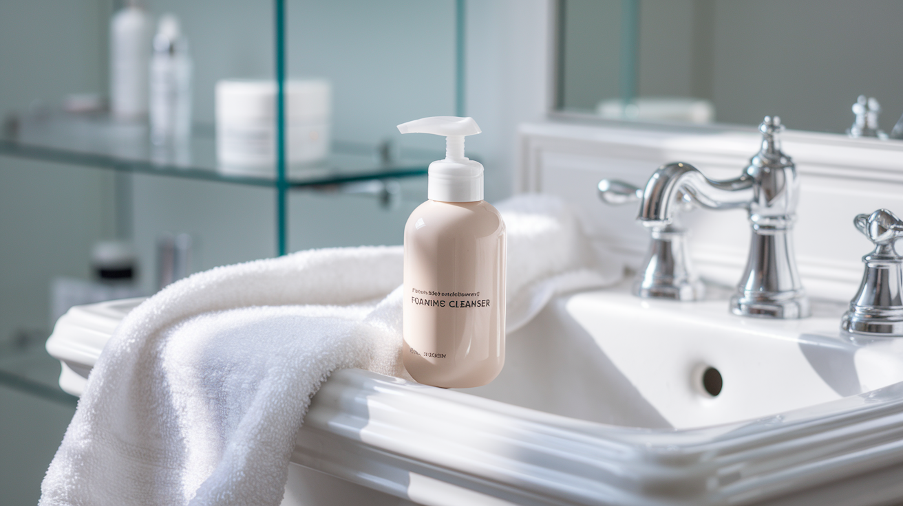 Create a realistic image of a clean, modern bathroom sink with a white porcelain basin, featuring a sleek bottle of foaming facial cleanser with a pump dispenser. A soft, fluffy white towel is draped nearby. The cleanser bottle has a minimalist label reading "Dermatologist-Developed Foaming Cleanser". In the background, blurred skincare products are visible on a glass shelf. The lighting is bright and natural, creating a fresh and clean atmosphere.