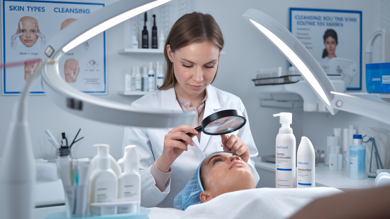 Create a realistic image of a white female dermatologist in a white coat examining a patient's skin with a magnifying glass, surrounded by skincare products including a foaming cleanser, in a clean, well-lit clinical setting with scientific posters about skin types and cleansing routines visible on the walls.
