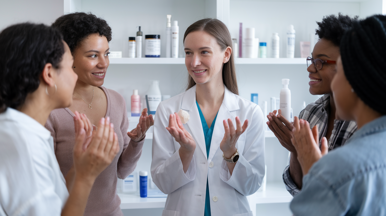 Create a realistic image of a white female dermatologist in a white coat demonstrating two different foaming cleansers to a diverse group of patients with various skin types, focusing on those with normal to oily skin, in a bright, clean dermatology office with skincare products visible in the background.