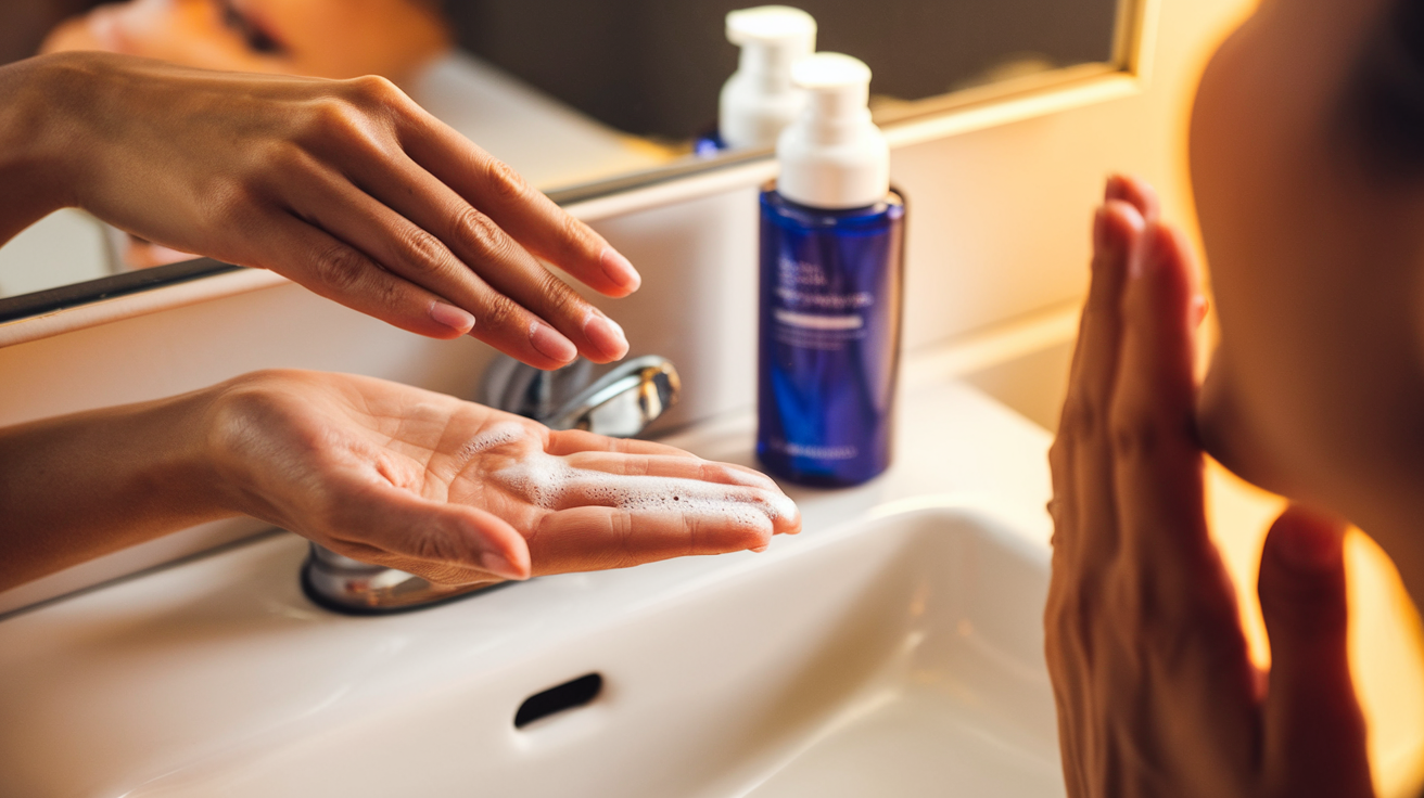 Create a realistic image of a white female hand demonstrating proper usage of foaming cleanser, dispensing a small amount onto fingertips over a white bathroom sink, with a blue bottled facewash product visible in the background, warm lighting, and a mirror reflection showing part of the woman's face focusing on application technique.