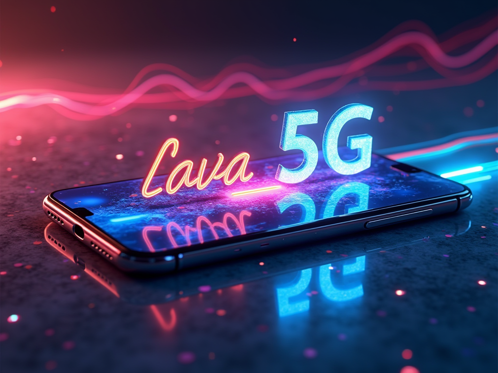 Create a realistic image of a sleek, modern smartphone with a vibrant display showing 5G connectivity, placed on a reflective surface with colorful light trails representing speed and connectivity, with "Lava Blod 5G" text overlay in a futuristic font.