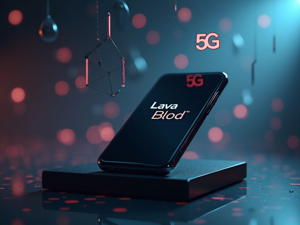 Create a realistic image of a sleek, modern smartphone with a glossy black finish, prominently displaying "Lava Blod 5G" on its screen, resting on a reflective surface with subtle 5G network icons floating above it, soft studio lighting highlighting the device's curves and edges, and a blurred tech-inspired background suggesting innovation and connectivity.