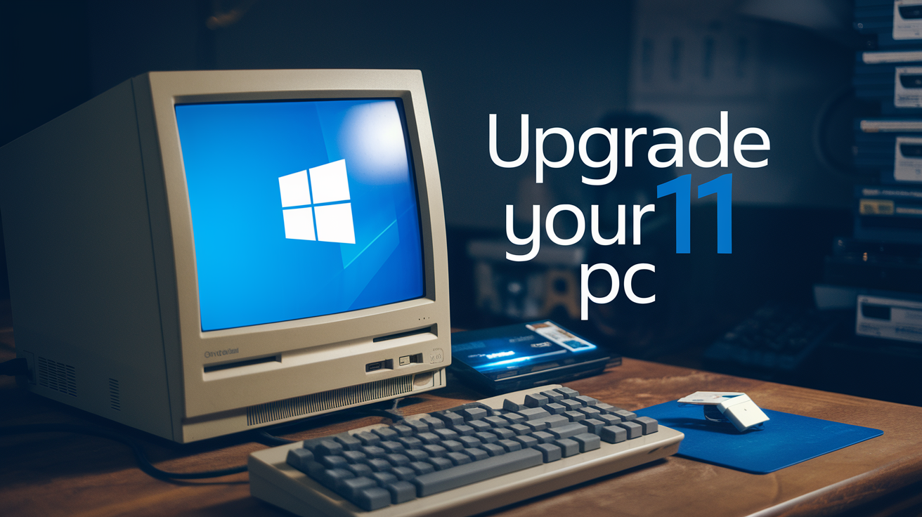 Create a realistic image of an older desktop computer with a CRT monitor displaying the Windows 11 logo, sitting on a wooden desk with installation tools like a USB drive and product key card visible nearby. The scene is dimly lit, emphasizing the glow from the monitor. Include the text "Upgrade Your PC" in a modern font floating above the setup.