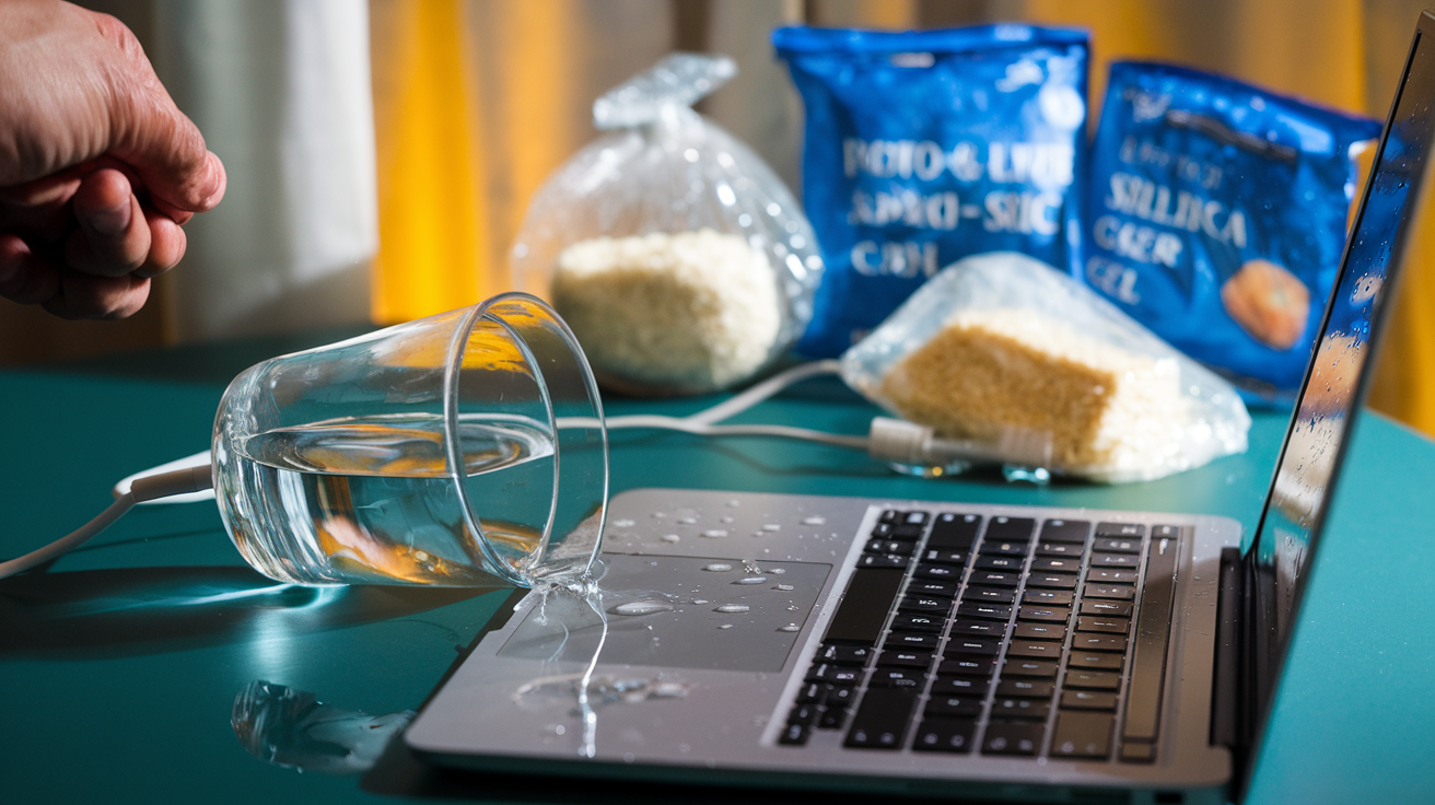 Create a realistic image of a spilled glass of water next to an open laptop on a desk, with water droplets visible on the keyboard and screen. A hand is seen urgently unplugging the power cord. In the background, rice and silica gel packets are visible. The scene is lit with warm, indoor lighting. Text overlay reads "Laptop Water Damage Rescue".