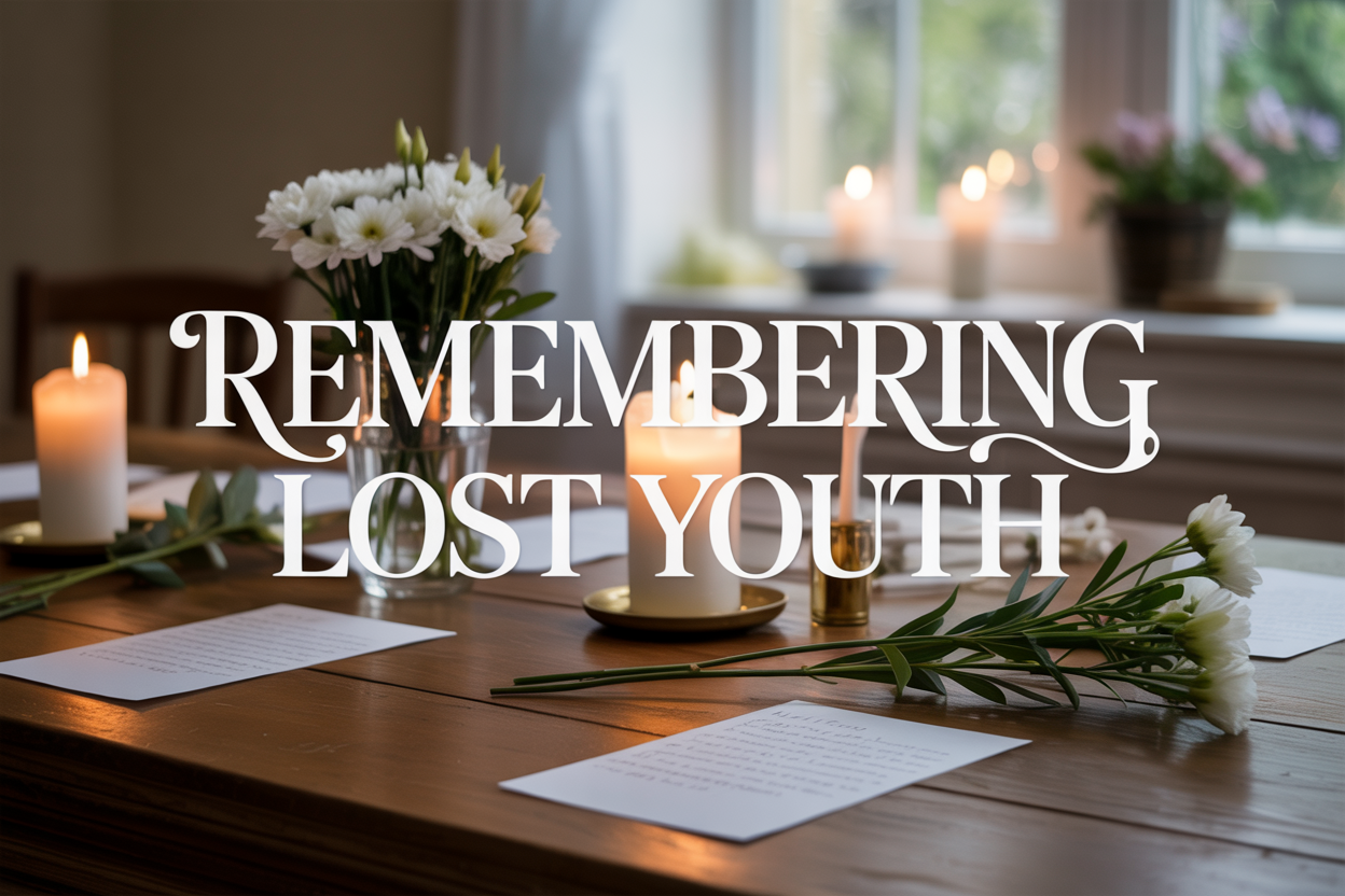 Create a realistic image of a somber memorial scene with lit candles, white flowers, and handwritten notes placed on a wooden table, with soft natural lighting filtering through a window in the background, creating a peaceful and reflective atmosphere, with the text "Remembering Lost Youth" overlaid in elegant, subdued typography.