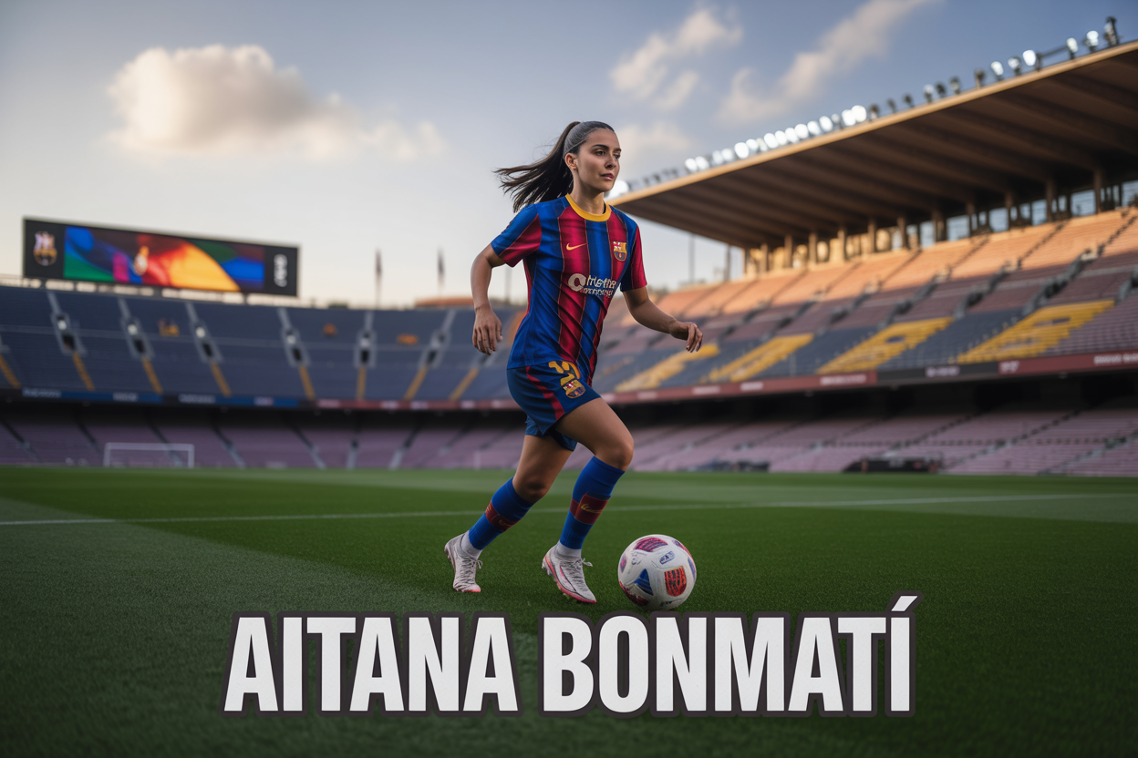 Create a realistic image of a young Hispanic female football player in Barcelona's blue and red jersey dribbling a football on a professional grass pitch, with stadium lights creating dramatic lighting in the background, Barcelona's Camp Nou stadium visible in the distance, golden hour lighting casting warm tones across the scene, with the text "AITANA BONMATÍ" overlaid in bold white letters at the bottom of the image, capturing the essence of professional women's football excellence and Spanish international pride.