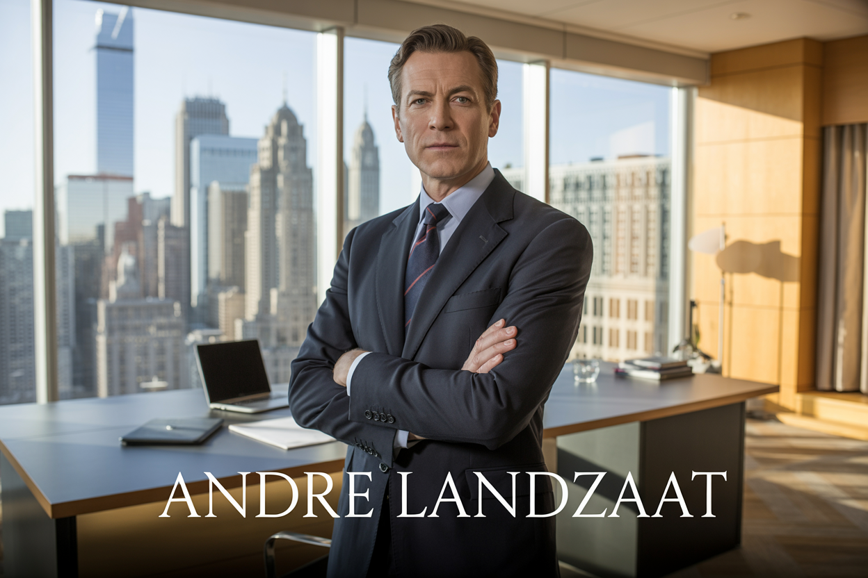 Create a realistic image of a professional white male executive in his 40s wearing a dark business suit, standing confidently in a modern corporate office environment with floor-to-ceiling windows showing a city skyline, sleek desk with laptop and business documents visible, warm natural lighting creating a successful entrepreneurial atmosphere, with the text "ANDRE LANDZAAT" displayed prominently in elegant serif font at the bottom of the image.