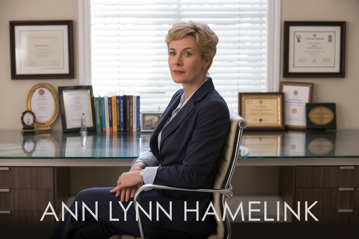 Create a realistic image of a professional portrait-style composition featuring a confident middle-aged white female professional in business attire sitting at a modern desk with educational books, certificates, and achievement awards displayed in the background, soft natural lighting from a window creating a warm professional atmosphere, with the text "Ann Lynn Hamelink" elegantly displayed at the bottom of the image in clean modern typography.