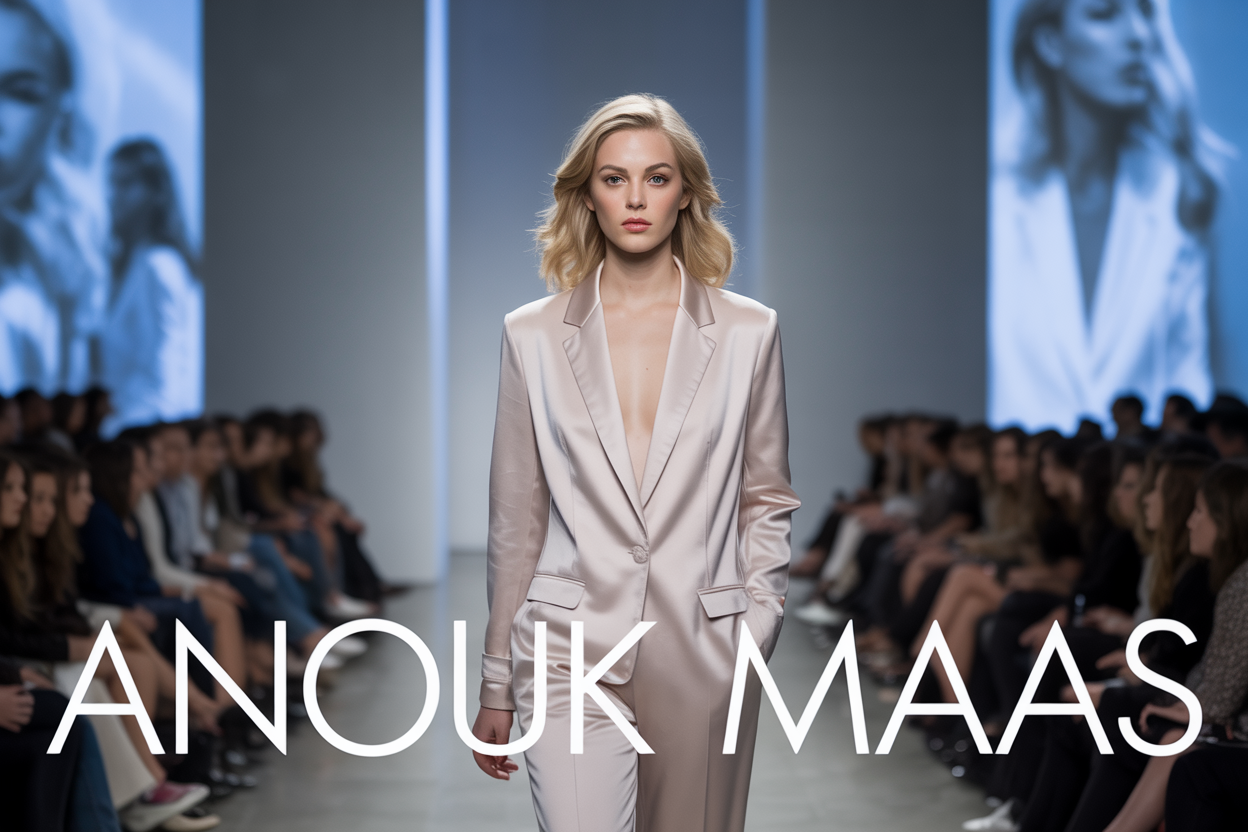 Create a realistic image of a sophisticated fashion scene featuring an elegant white female model in her late twenties with blonde hair walking confidently on a modern runway, wearing a contemporary high-fashion outfit, with soft professional lighting creating dramatic shadows, surrounded by a minimalist fashion show backdrop with blurred audience silhouettes, and the text "ANOUK MAAS" displayed in sleek modern typography at the bottom of the image, conveying luxury and fashion industry prominence.