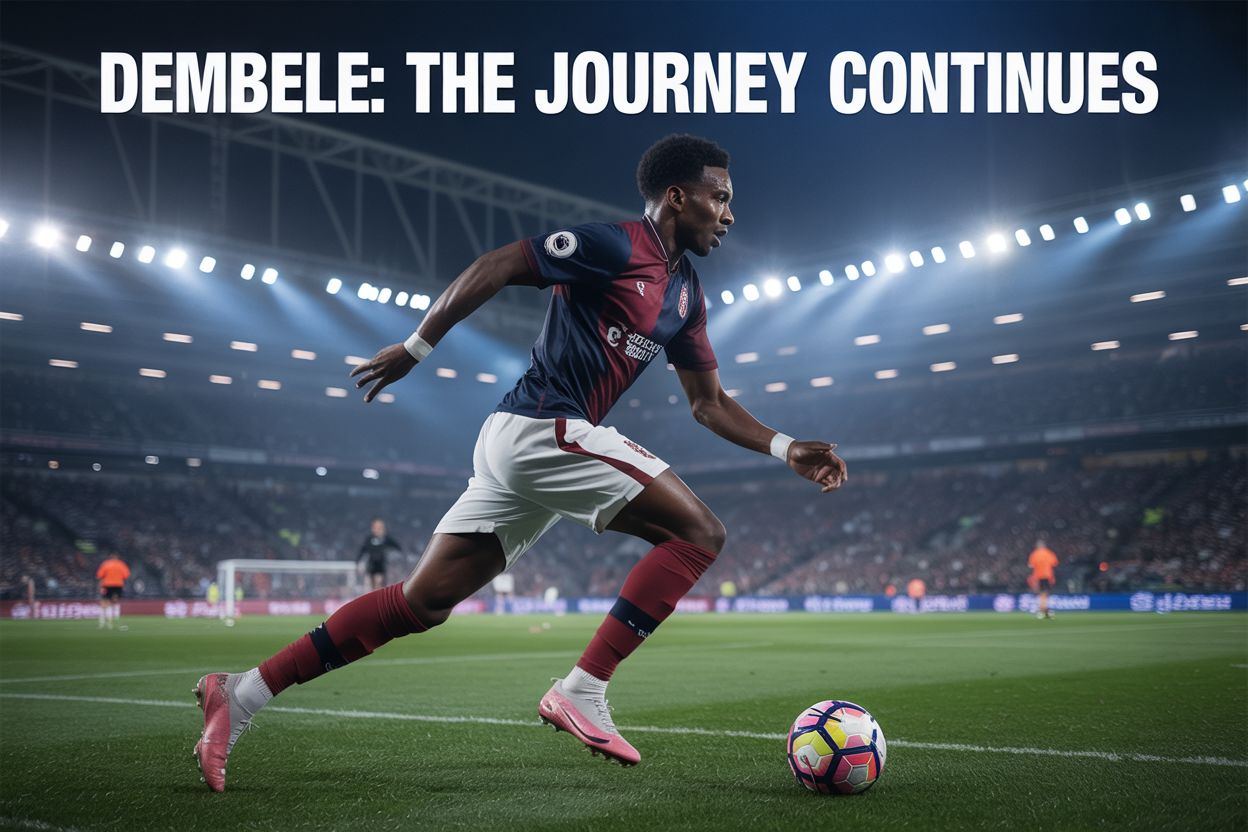 Create a realistic image of a black male professional soccer player in mid-action on a football pitch, wearing a team jersey, dribbling a soccer ball with intense focus and athletic grace, surrounded by a blurred stadium background with bright floodlights creating dramatic lighting, with the text "DEMBELE: The Journey Continues" overlaid in bold white letters at the top of the image, capturing the essence of professional football excellence and determination.