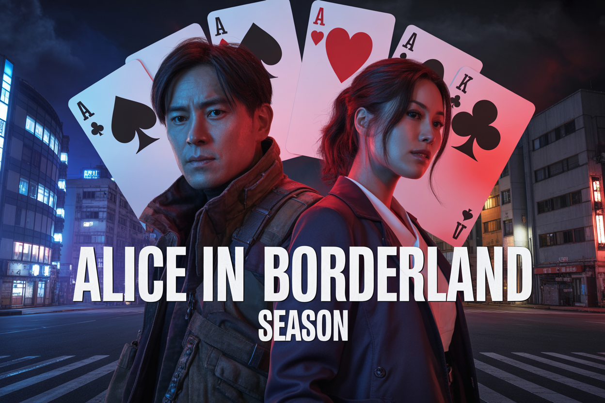 Create a realistic image of a dramatic split-screen composition showing scenes from Alice in Borderland with playing card symbols (spades, hearts, diamonds, clubs) floating in the background, featuring an Asian male protagonist in survival gear on one side and an Asian female character on the other side, set against a dark urban Tokyo cityscape with neon lights and abandoned buildings, moody atmospheric lighting with blue and red tones, including the text "ALICE IN BORDERLAND SEASON" prominently displayed in bold modern font across the center of the image.