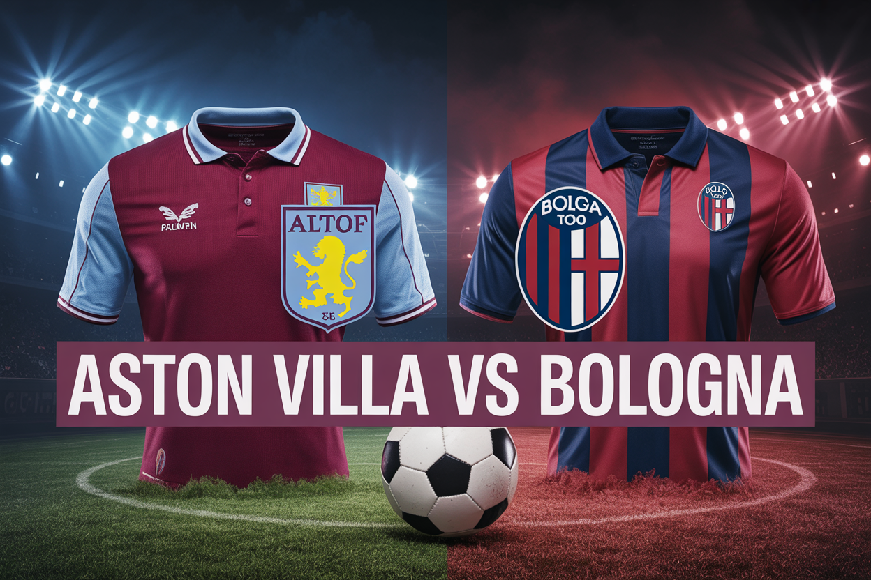 Create a realistic image of a split-screen football stadium scene showing Aston Villa's claret and blue jersey on the left side and Bologna's red and blue striped jersey on the right side, with both team crests prominently displayed, a football in the center, stadium lights creating dramatic lighting in the background, and bold text overlay reading "ASTON VILLA vs BOLOGNA" across the middle of the image.