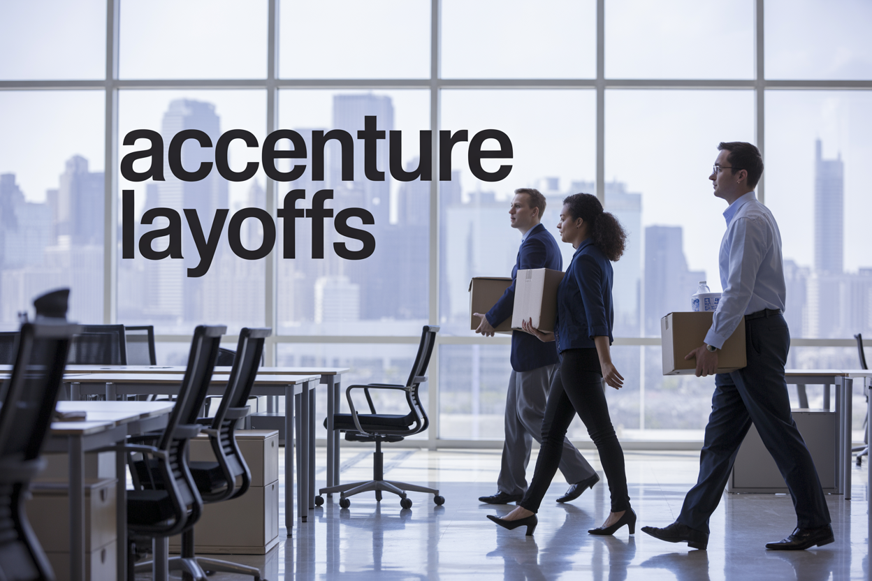 Create a realistic image of a modern corporate office environment with empty desks and chairs in the foreground, a diverse group of three professionals (one white male, one black female, one Asian male) in business attire walking away carrying boxes in the mid-ground, large floor-to-ceiling windows showing a city skyline in the background, soft natural lighting creating a somber yet professional atmosphere, with the text "ACCENTURE LAYOFFS" displayed prominently in bold, clean sans-serif font in the upper portion of the image, and subtle blue and gray color tones throughout the scene to maintain a corporate aesthetic.