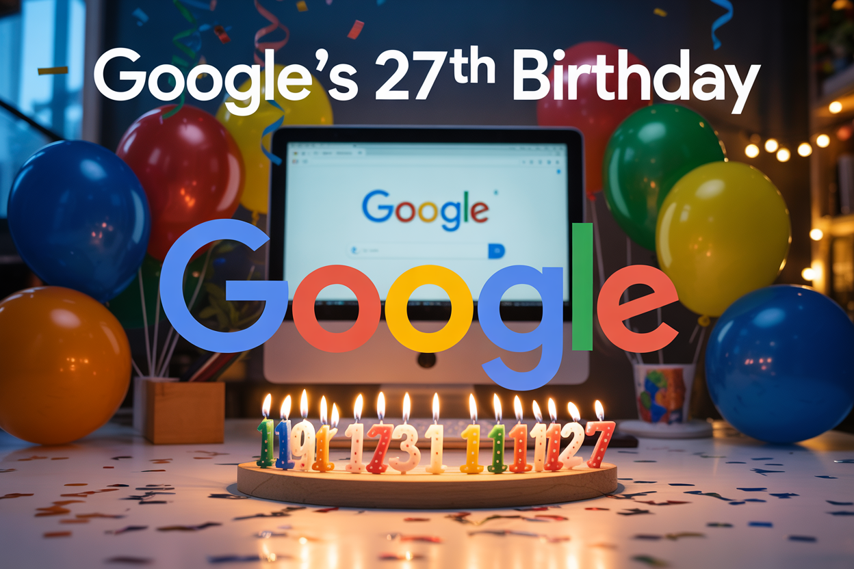 Create a realistic image of a festive birthday celebration scene featuring Google's iconic colorful logo prominently displayed in the center, surrounded by 27 lit birthday candles on a modern desk, with confetti and balloons in Google's brand colors (blue, red, yellow, green) scattered around, a computer screen showing the classic Google search page in the background, warm celebratory lighting creating a joyful atmosphere, and the text "Google's 27th Birthday" elegantly positioned at the top of the image.