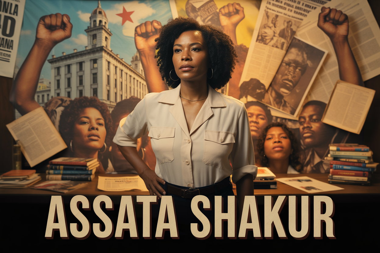 Create a realistic image of a black female activist in 1970s attire standing confidently in front of a backdrop that blends revolutionary imagery with Cuban architecture, featuring raised fist symbols, books, and newspaper clippings scattered around, warm golden lighting suggesting hope and resilience, with the text "ASSATA SHAKUR" prominently displayed in bold revolutionary-style typography at the bottom of the image.