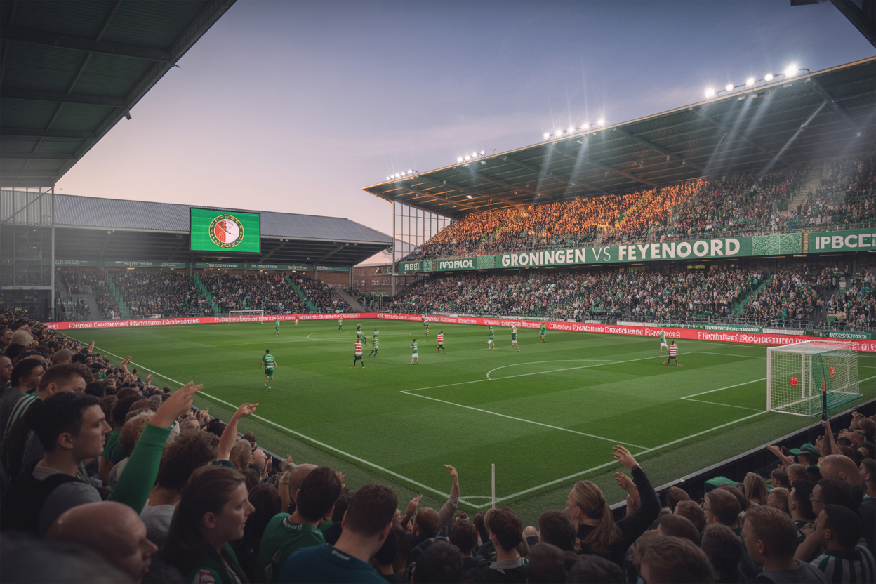 Create a realistic image of a modern football stadium during an evening match between FC Groningen and Feyenoord, showing the illuminated pitch with players in green and red-white striped jerseys, packed stands filled with cheering fans of mixed races and genders, stadium floodlights creating dramatic lighting, digital scoreboards displaying match information, with the text "GRONINGEN vs FEYENOORD" prominently displayed across the image, capturing the intense atmosphere of Dutch Eredivisie football.