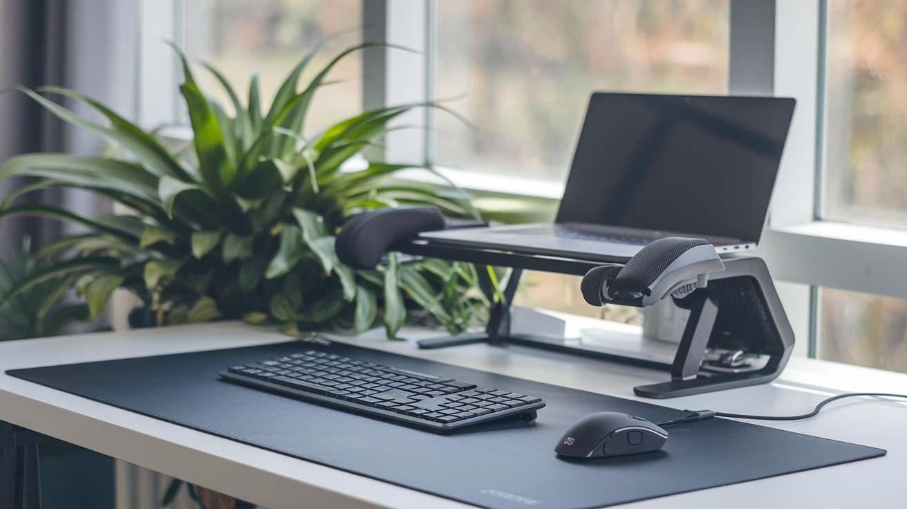 Create a realistic image of an ergonomic split keyboard and vertical mouse on a clean, modern desk with a laptop in the background, soft natural lighting from a nearby window, and a plant for a touch of nature, showcasing a comfortable and productive work-from-home setup.