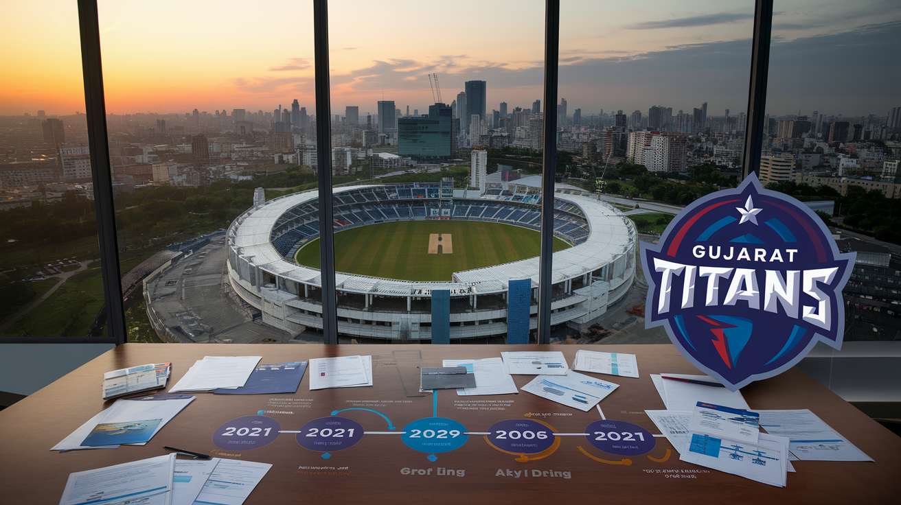 Create a realistic image of the Gujarat Titans cricket team logo alongside a modern cricket stadium under construction, with a timeline graphic showing key dates from 2021 (foundation year), team documents and planning blueprints spread on a boardroom table, all set against the backdrop of Ahmedabad city skyline at sunset, creating a visual narrative of the team's recent establishment in the Indian Premier League.