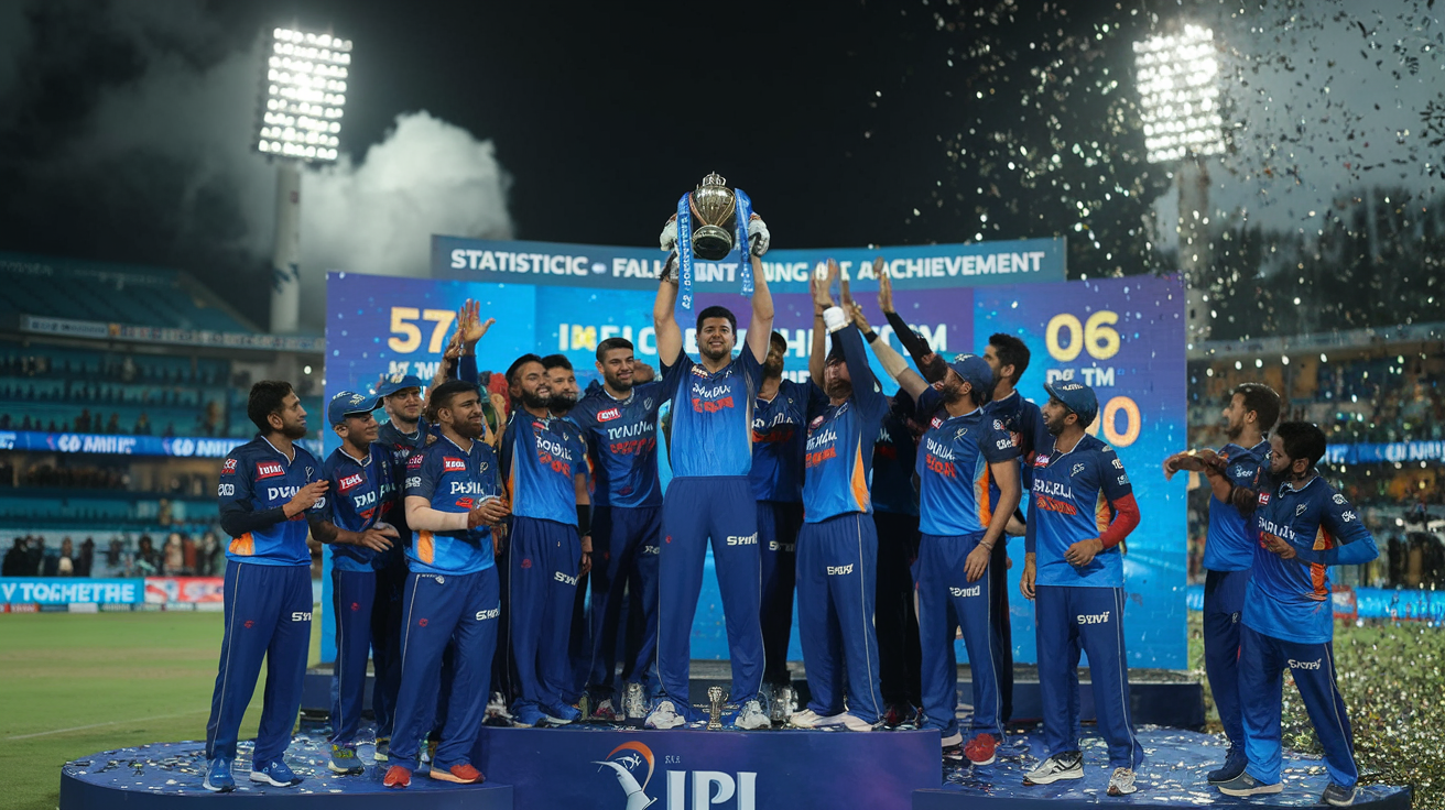 Create a realistic image of the Gujarat Titans cricket team celebrating their IPL trophy, with players in blue jerseys raising the championship cup on a cricket stadium podium, team statistics and achievement graphics displayed on a large screen in the background, confetti falling, crowd cheering, floodlights illuminating the victorious scene, capturing their performance excellence and team success.