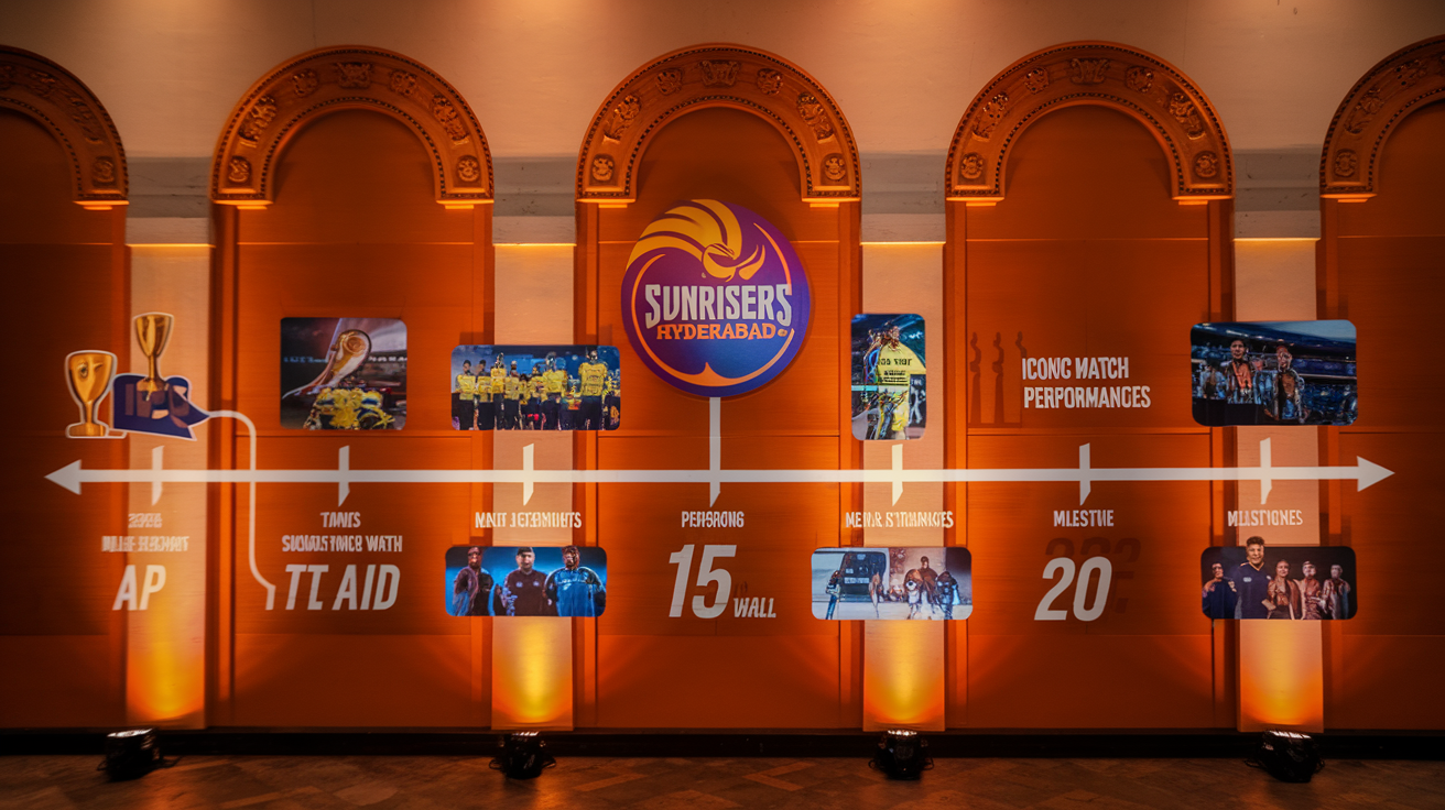 Create a realistic image of a timeline display showcasing Sunrisers Hyderabad's key achievements, featuring their 2016 IPL trophy, iconic match moments, record-breaking performances, with team statistics and milestones displayed on an elegant orange wall backdrop, adorned with the SRH logo and illuminated by warm, spotlight lighting.