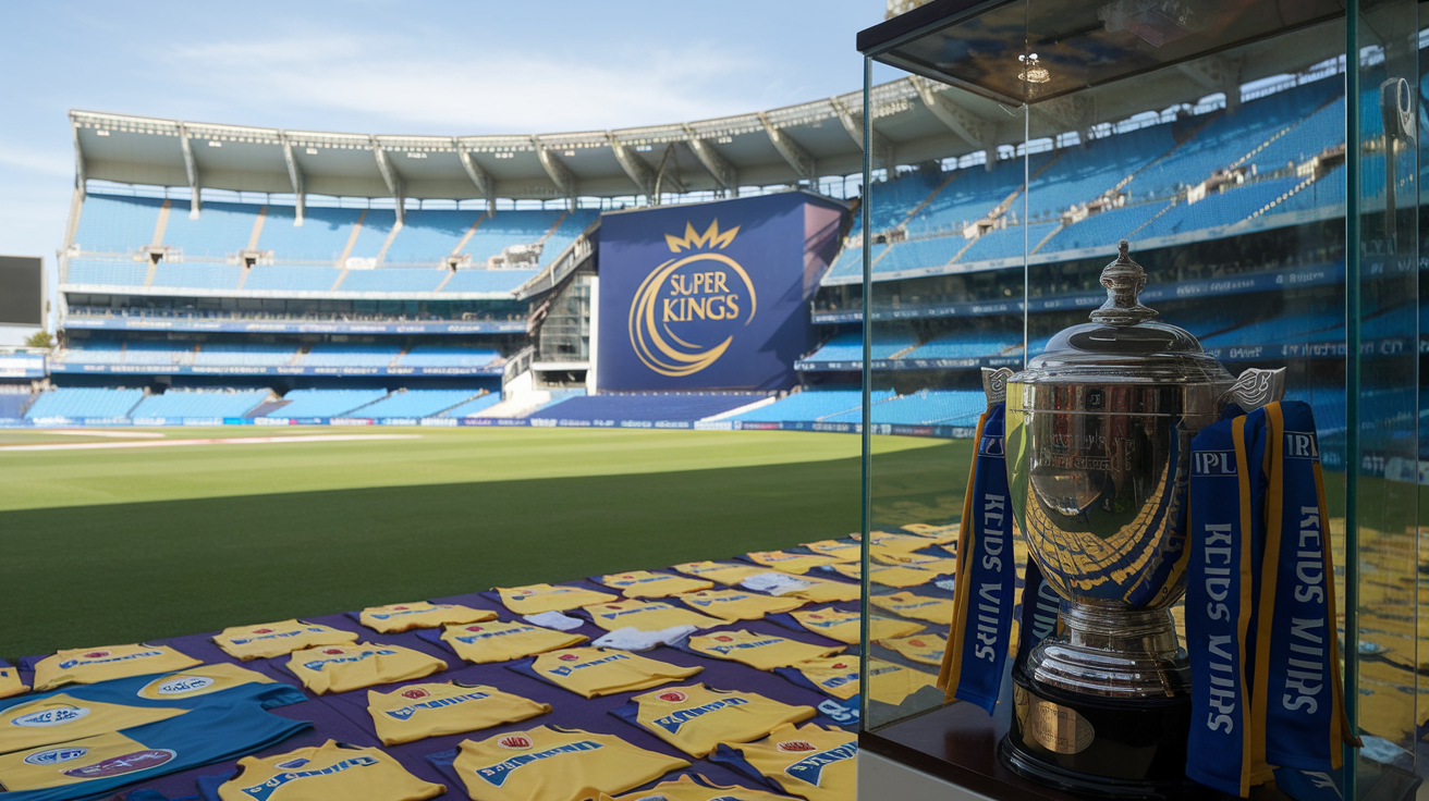 Create a realistic image of the Chennai Super Kings logo prominently displayed on a cricket stadium backdrop, with a trophy cabinet showing multiple IPL trophies, team jerseys in iconic yellow, and a cricket pitch visible in the foreground, all bathed in bright sunlight creating a celebratory and prestigious atmosphere.