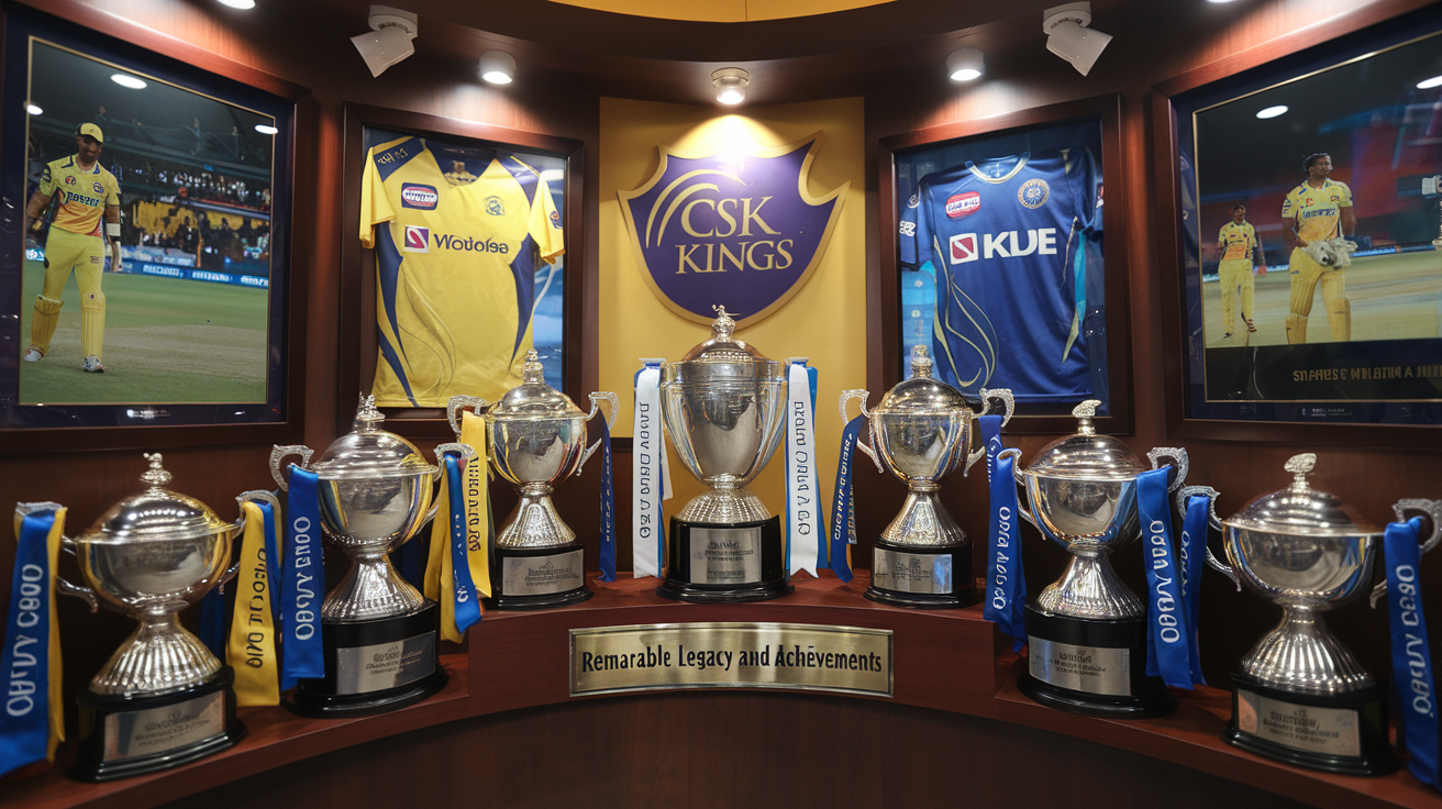 Create a realistic image of Chennai Super Kings' trophy cabinet with multiple IPL trophies glimmering under spotlights, team jerseys with the iconic yellow and blue colors displayed alongside, action photographs of match-winning moments, and a backdrop featuring the CSK logo with "Remarkable Legacy and Achievements" elegantly inscribed on a gold plaque.