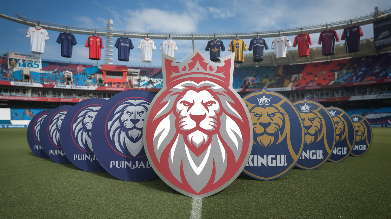 Create a realistic image of the Punjab Kings cricket team logo evolution showing multiple versions from different years side by side, with the current red and silver lion emblem prominently displayed, team jerseys from different eras hanging in the background, and the stadium atmosphere with Punjab fans cheering, all under bright stadium lighting creating a vibrant, energetic scene that captures the team's identity transformation.