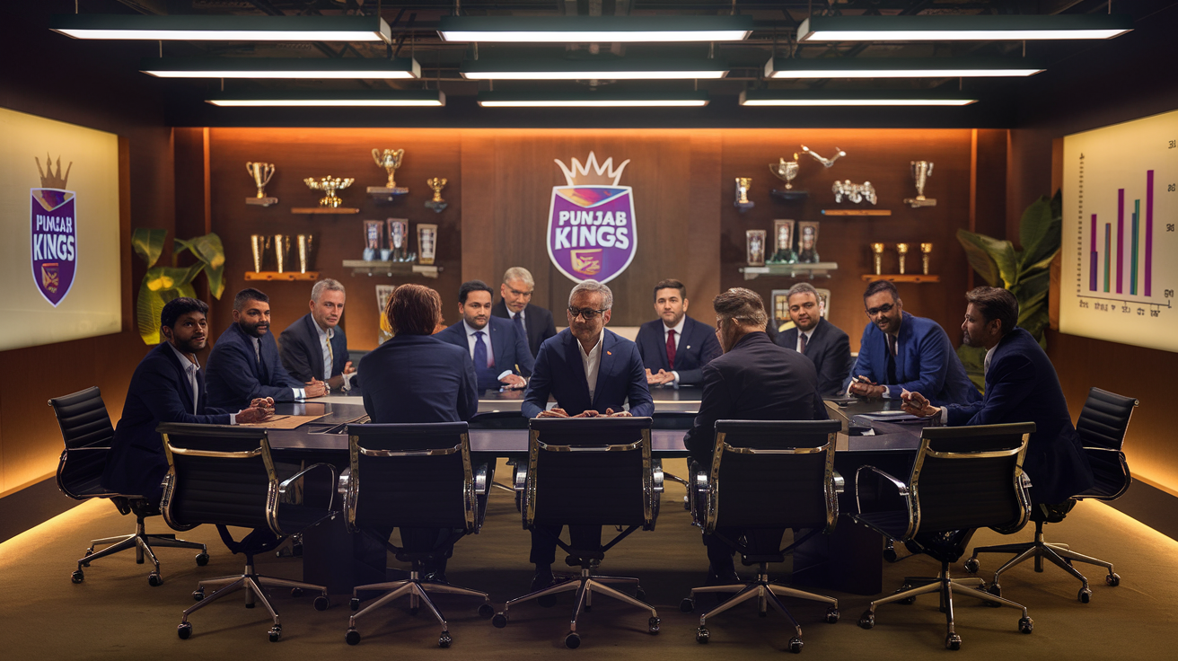 Create a realistic image of the Punjab Kings cricket team's management structure, showing a diverse group of Indian male executives and coaching staff in a modern conference room with team logos and charts displayed, discussing strategy while surrounded by cricket equipment, trophies, and team photographs, with warm lighting highlighting the professional atmosphere.
