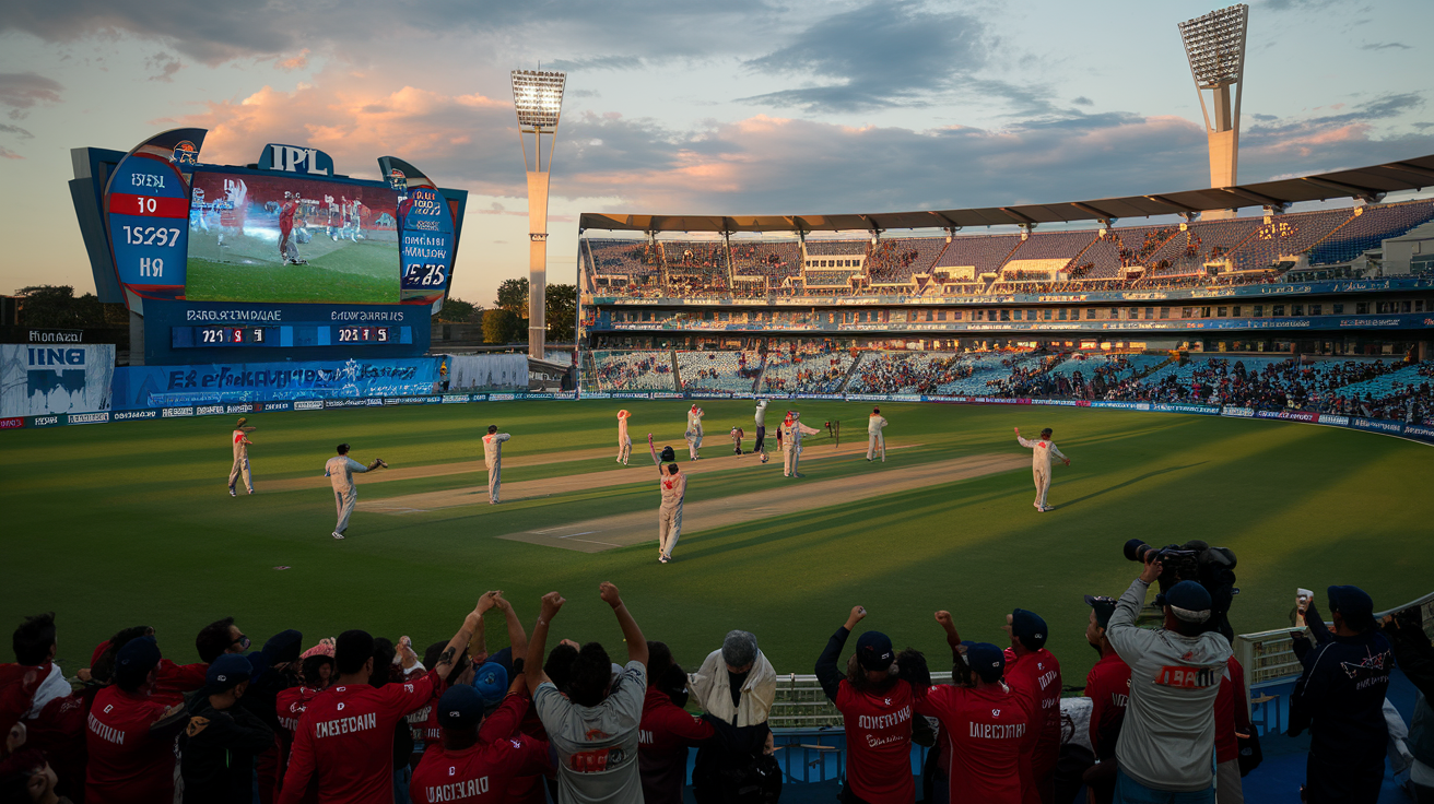 Create a realistic image of a cricket stadium during an IPL match featuring Punjab Kings, with electronic scoreboard showing match statistics and team performance records, players in red and silver jerseys celebrating on field, excited fans in stands wearing team merchandise, professional photographer capturing action, with soft evening lighting creating dramatic shadows across the pitch.