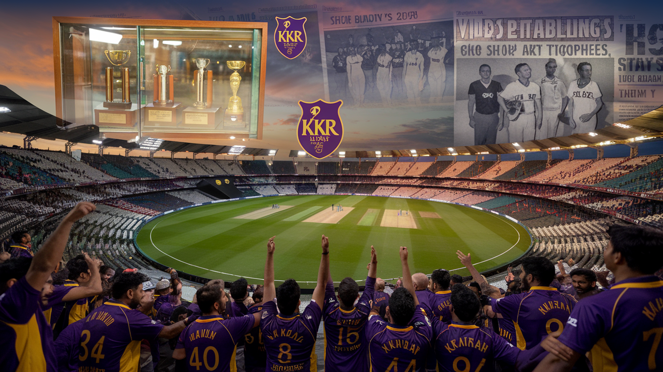 Create a realistic image of the Eden Gardens cricket stadium in Kolkata filled with enthusiastic fans in purple and gold KKR jerseys, with a historical montage showing the team's 2008 establishment under Shah Rukh Khan's ownership, featuring the KKR logo prominently displayed, team trophies in a glass case, newspaper headlines of significant victories, and vintage team photos transitioning to current players in a warm evening lighting setting.