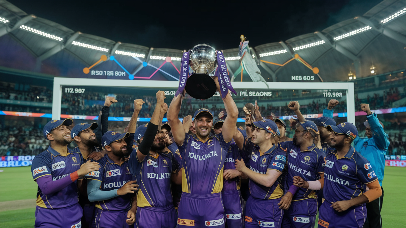 Create a realistic image of the Kolkata Knight Riders cricket team celebrating a championship victory, showing players in their purple and gold uniforms lifting a trophy, with a timeline or visual graph in the background showcasing their performance evolution across IPL seasons, set in a packed cricket stadium with jubilant fans, dramatic lighting highlighting both the current celebration and historical achievements.
