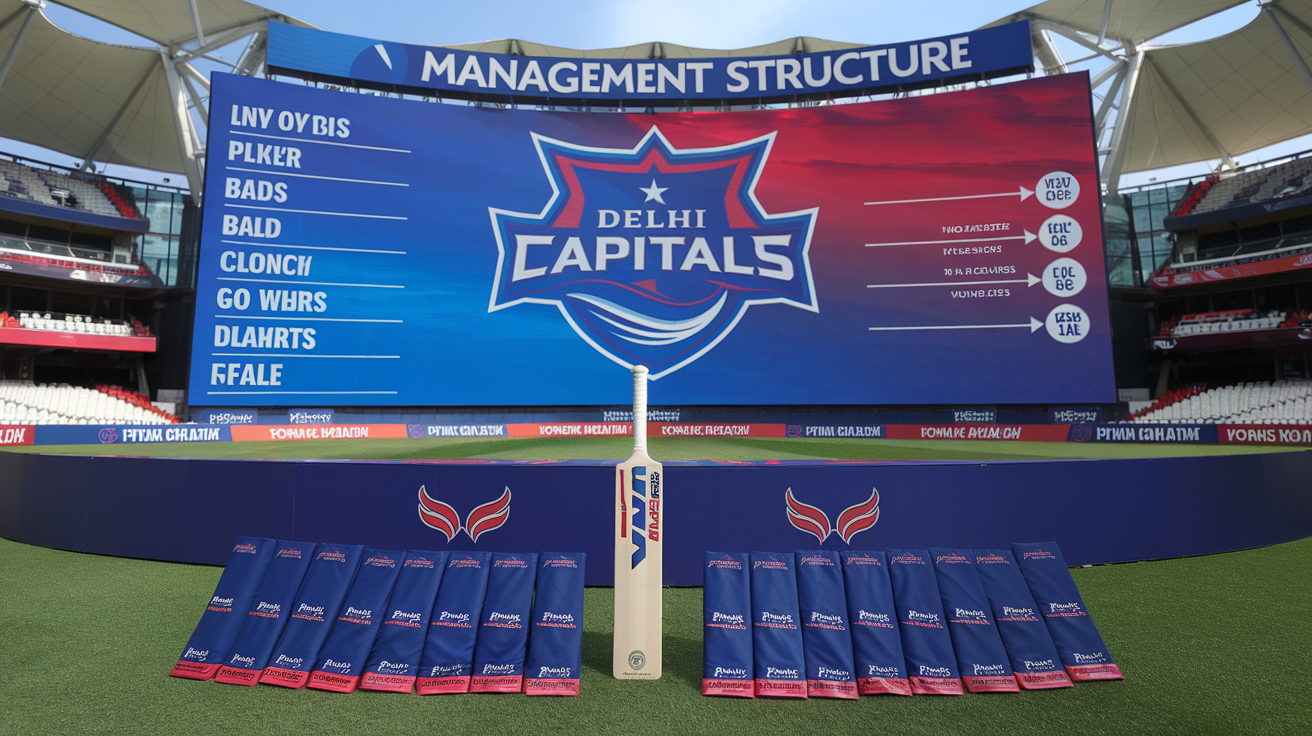 Create a realistic image of the Delhi Capitals cricket team logo prominently displayed on a modern stadium backdrop, with team management structure chart visible on a digital screen, showing hierarchy from owners to players, team colors of blue and red incorporated throughout the scene, with cricket equipment neatly arranged in the foreground, conveying professional sports team organization and identity.