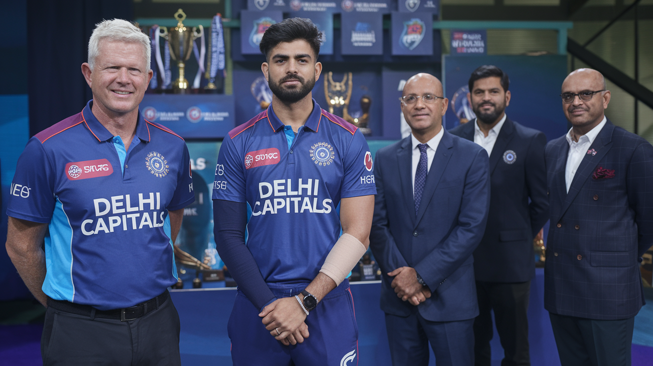 Create a realistic image of the Delhi Capitals cricket team's leadership group, featuring head coach Ricky Ponting (white male), captain Rishabh Pant (South Asian male), and other key management personnel in discussion at Arun Jaitley Stadium, wearing Delhi Capitals branded polo shirts, with team logos and trophies visible in the background, and a professional cricket environment setting.