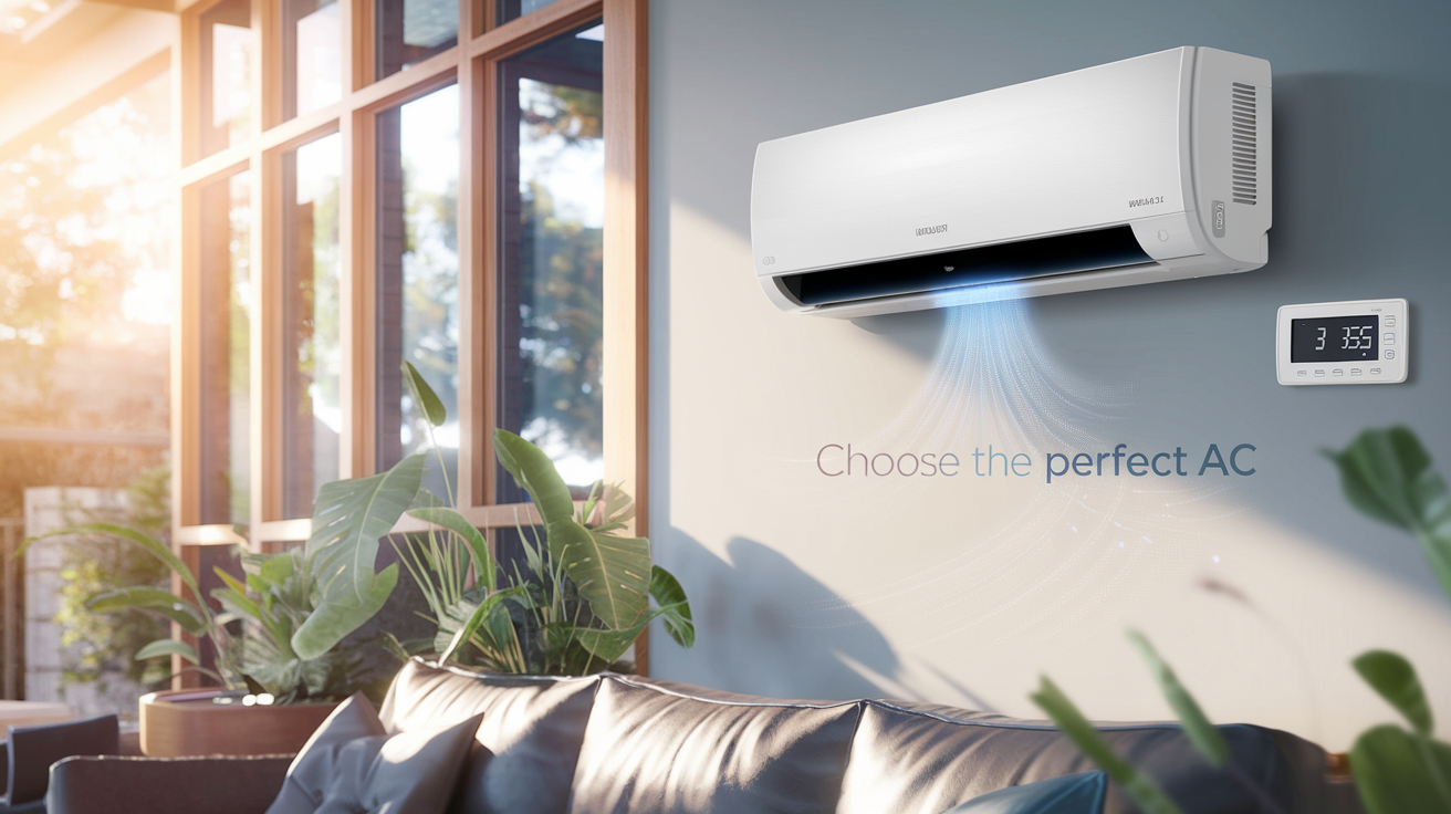 Create a realistic image of a modern living room with a sleek white inverter split AC unit mounted on the wall, displaying its energy efficiency rating. A digital thermostat showing a cool temperature is visible nearby. Sunlight streams through large windows, highlighting the AC's silent operation. The room has a comfortable sofa and plants, conveying a cozy yet energy-efficient atmosphere. Include the text "Choose the Perfect AC" in a subtle, modern font in the corner.