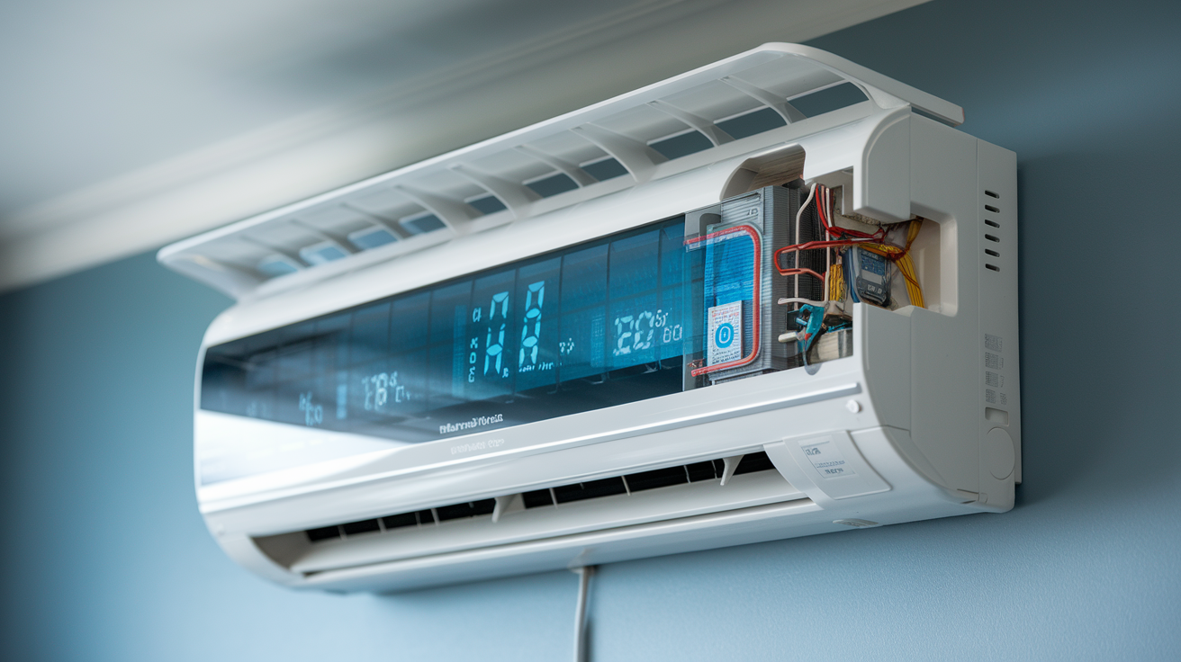 Create a realistic image of a modern, sleek inverter split AC unit mounted on a living room wall, with a cut-away view showing its internal components and cooling mechanism, alongside a digital display showing energy efficiency stats, all set against a cool blue background representing air conditioning.