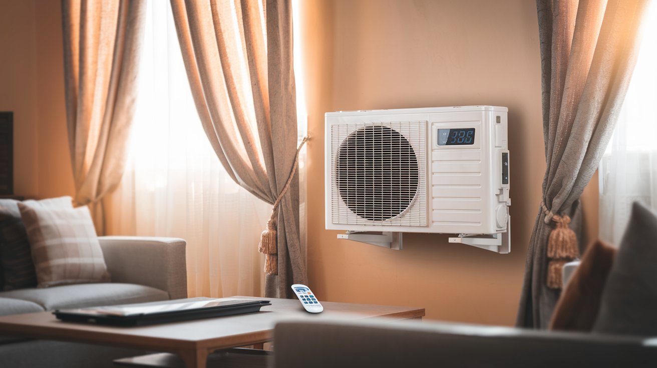 Create a realistic image of a living room interior with a white inverter split AC unit mounted on the wall, a digital thermometer displaying room temperature, and a handheld AC remote control on a coffee table, with warm sunlight streaming through partially drawn curtains, creating a comfortable and inviting atmosphere.