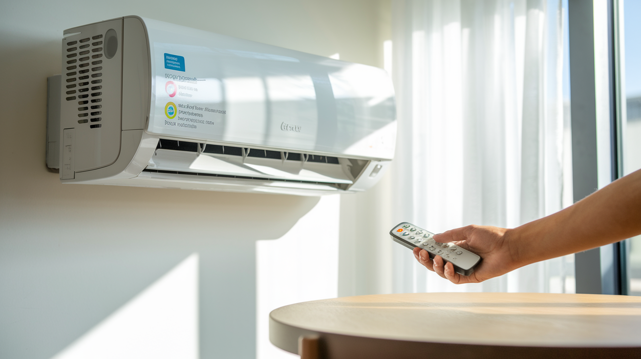Create a realistic image of a modern living room with a sleek white inverter split AC unit mounted on the wall, displaying its digital temperature control panel. A hand is reaching towards the AC's remote control on a nearby coffee table. Energy efficiency rating stickers and cooling capacity information are visible on the AC unit. Sunlight streaming through a window highlights the AC's streamlined design.
