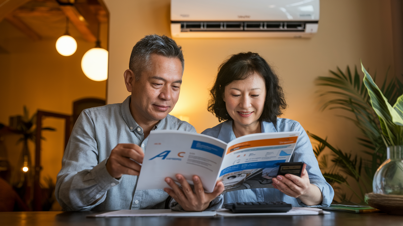 Create a realistic image of a middle-aged Asian couple sitting at a dining table, examining an AC brochure and calculator, with an inverter split AC unit visible on the wall behind them, warm lighting, and a cozy home interior setting, emphasizing the theme of budgeting and financial planning for home appliances.