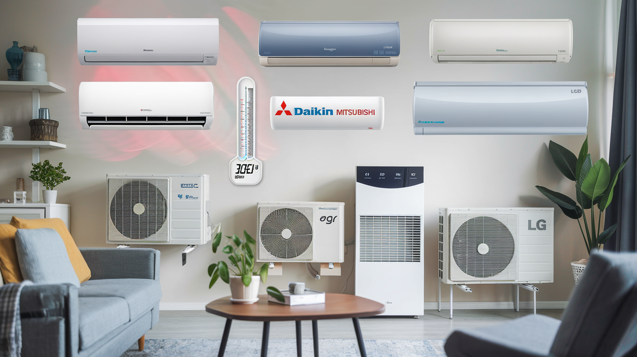 Create a realistic image of a modern living room with various inverter split AC units displayed prominently, showing logos of top brands like Daikin, Mitsubishi, and LG. The units are sleek and energy-efficient, mounted on light-colored walls. A digital thermometer in the foreground displays a comfortable room temperature.