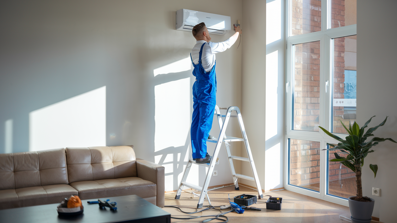 Create a realistic image of a white male technician in a blue uniform installing an inverter split AC unit on a living room wall, with a stepladder nearby, tools scattered on the floor, and natural light streaming through a window, highlighting the importance of proper placement and installation for optimal cooling efficiency.