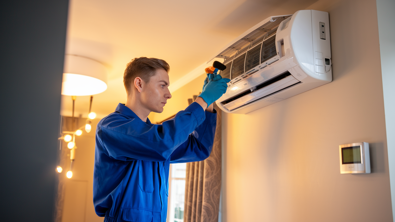 Create a realistic image of a white male technician in a blue uniform performing maintenance on a wall-mounted inverter split AC unit in a modern living room, with cleaning tools and a stepladder nearby, warm lighting, and a digital thermostat visible on the wall.
