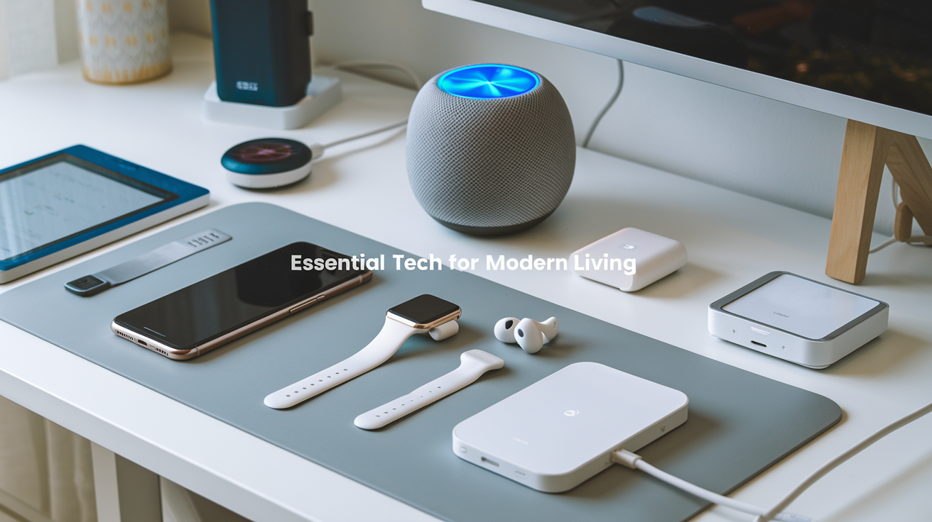 Create a realistic image of a modern workspace featuring the top 10 tech gadgets arranged in an aesthetically pleasing display, including a smartphone, smart home speaker, wireless earbuds, smartwatch, power bank, e-reader, bluetooth tracker, wireless charging pad, smart plug, and portable document scanner, with soft natural lighting highlighting the sleek designs against a minimalist desk background with "Essential Tech for Modern Living" visible as a subtle text overlay.