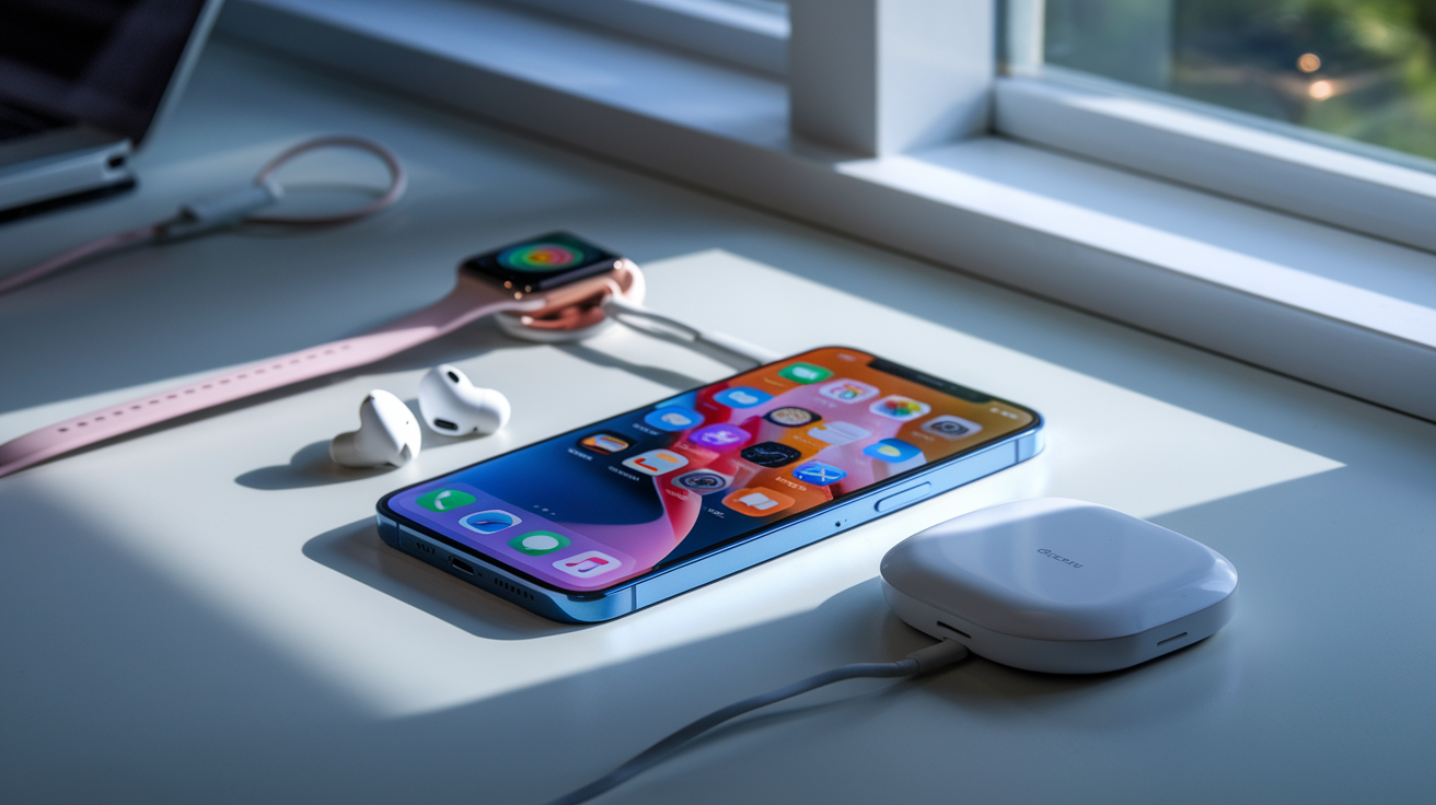 Create a realistic image of a modern smartphone displaying multiple apps on its screen, positioned on a sleek desk with earbuds, a smartwatch, and a wireless charger surrounding it, all bathed in soft natural lighting from a nearby window, creating a clean, high-tech aesthetic that emphasizes the device's essential role in daily life.